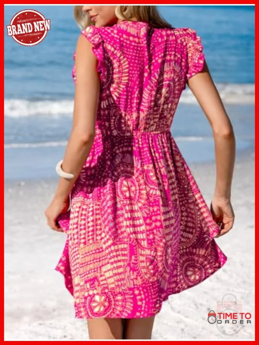 Flutter Sleeve V Neck A-Line Mini Sundress with Lace Trim
